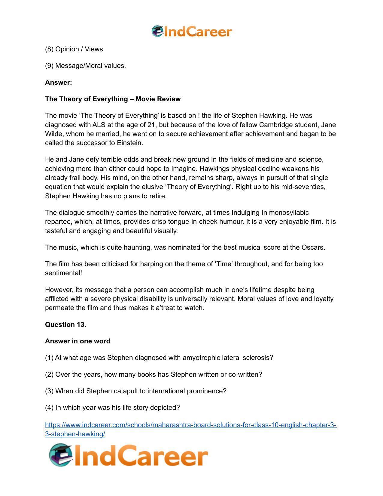 Maharashtra Board Solutions for Class 10- English: Chapter 3.3- Stephen Hawking - Page 18