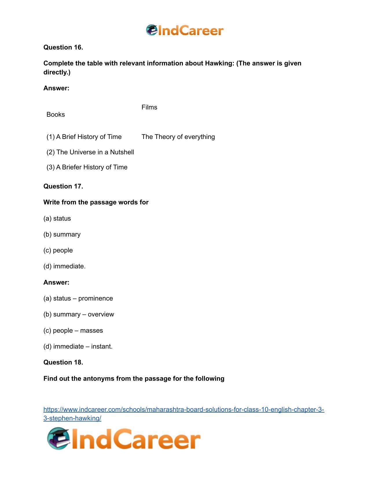 Maharashtra Board Solutions for Class 10- English: Chapter 3.3- Stephen Hawking - Page 20