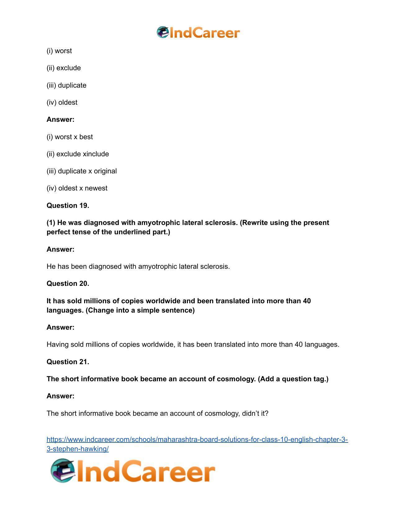 Maharashtra Board Solutions for Class 10- English: Chapter 3.3- Stephen Hawking - Page 21