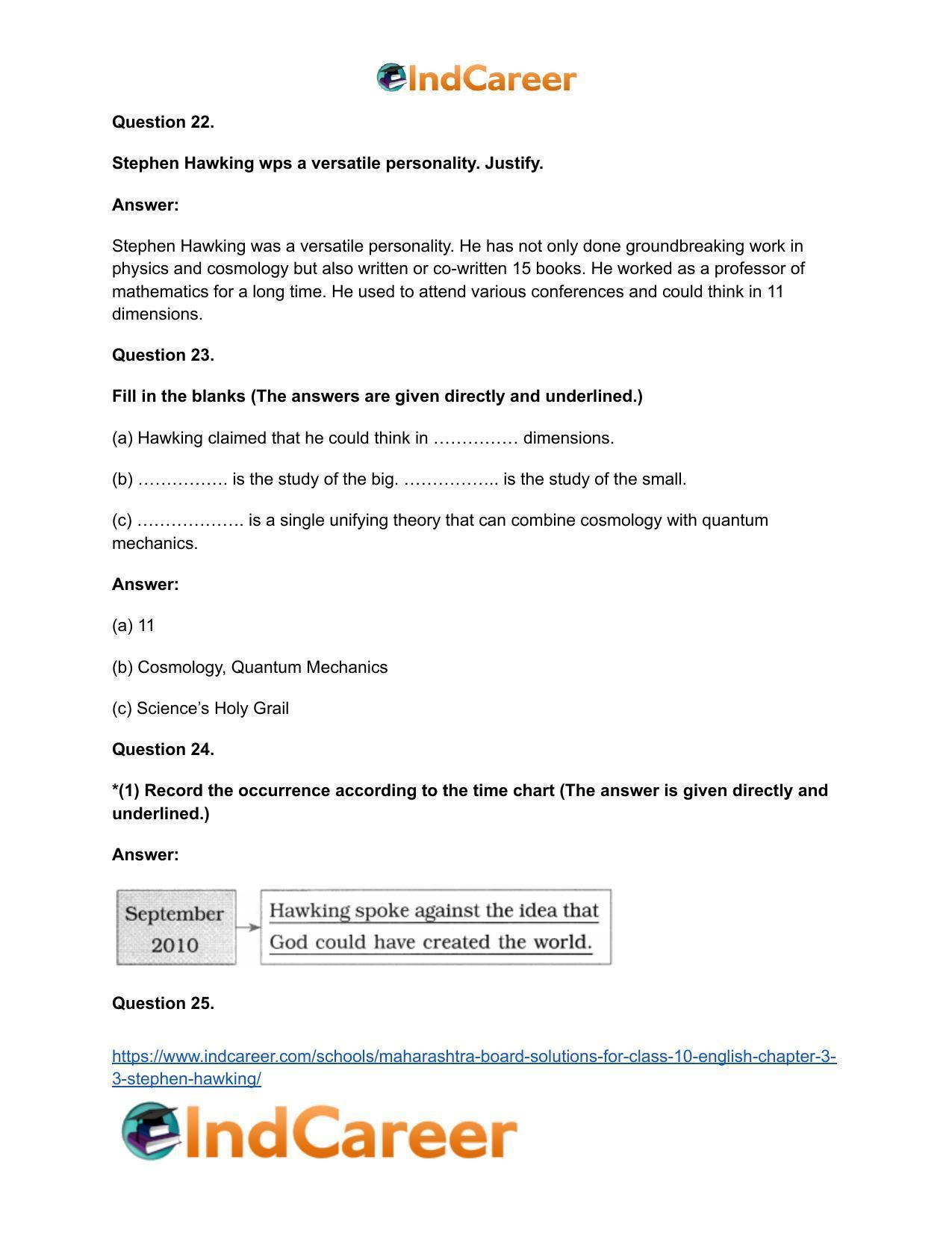 Maharashtra Board Solutions for Class 10- English: Chapter 3.3- Stephen Hawking - Page 22