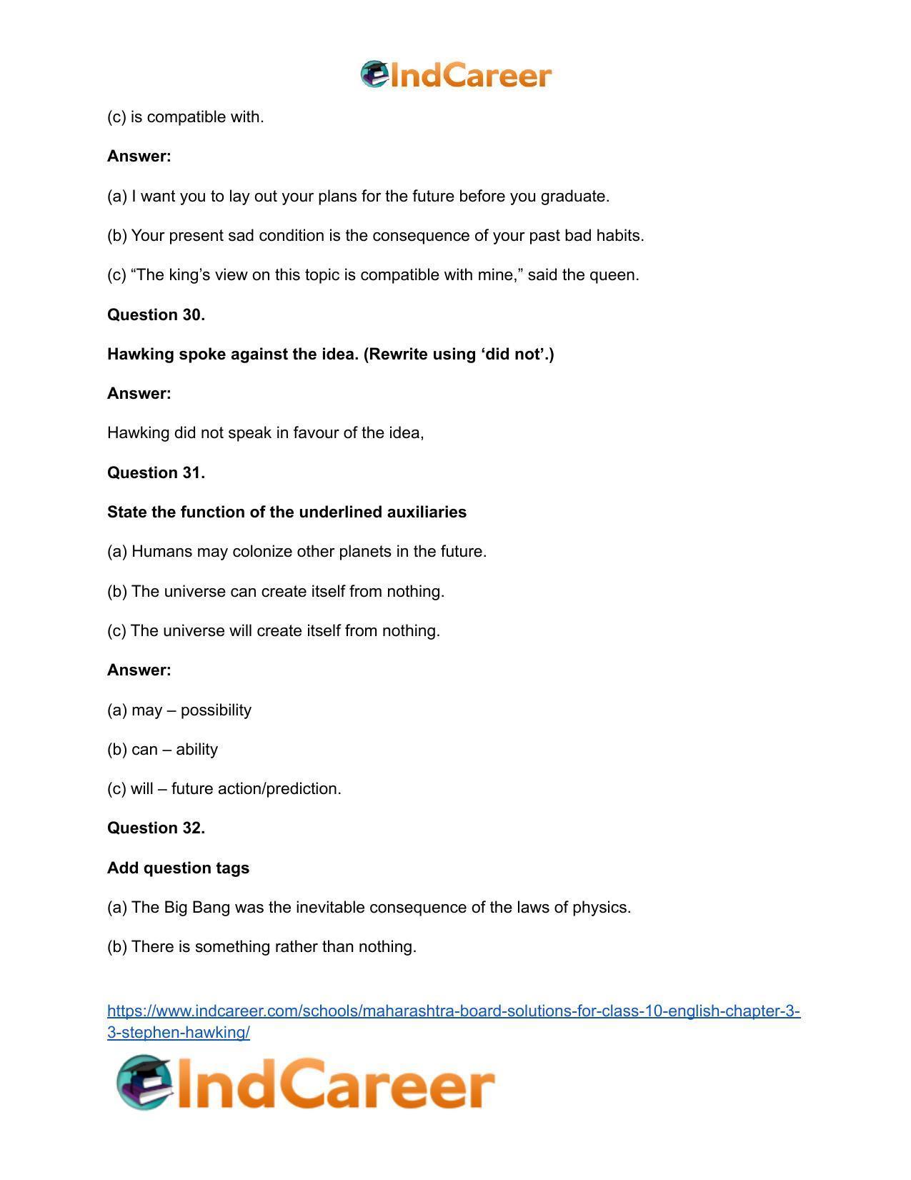 Maharashtra Board Solutions for Class 10- English: Chapter 3.3- Stephen Hawking - Page 25
