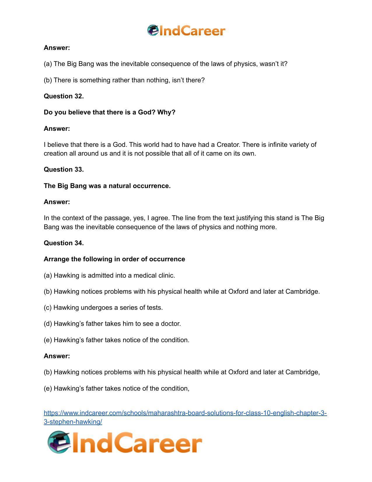 Maharashtra Board Solutions for Class 10- English: Chapter 3.3- Stephen Hawking - Page 26