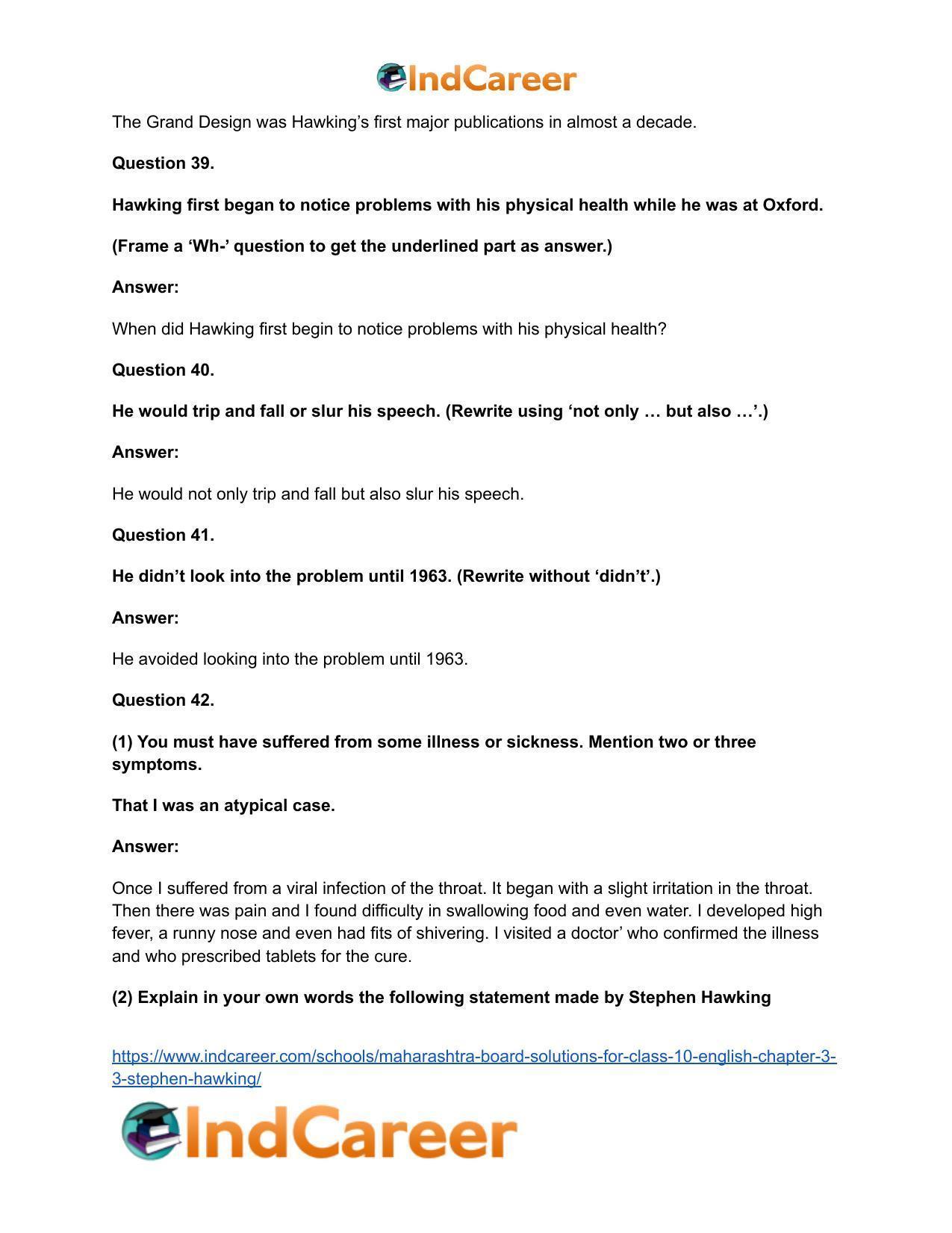 Maharashtra Board Solutions for Class 10- English: Chapter 3.3- Stephen Hawking - Page 29