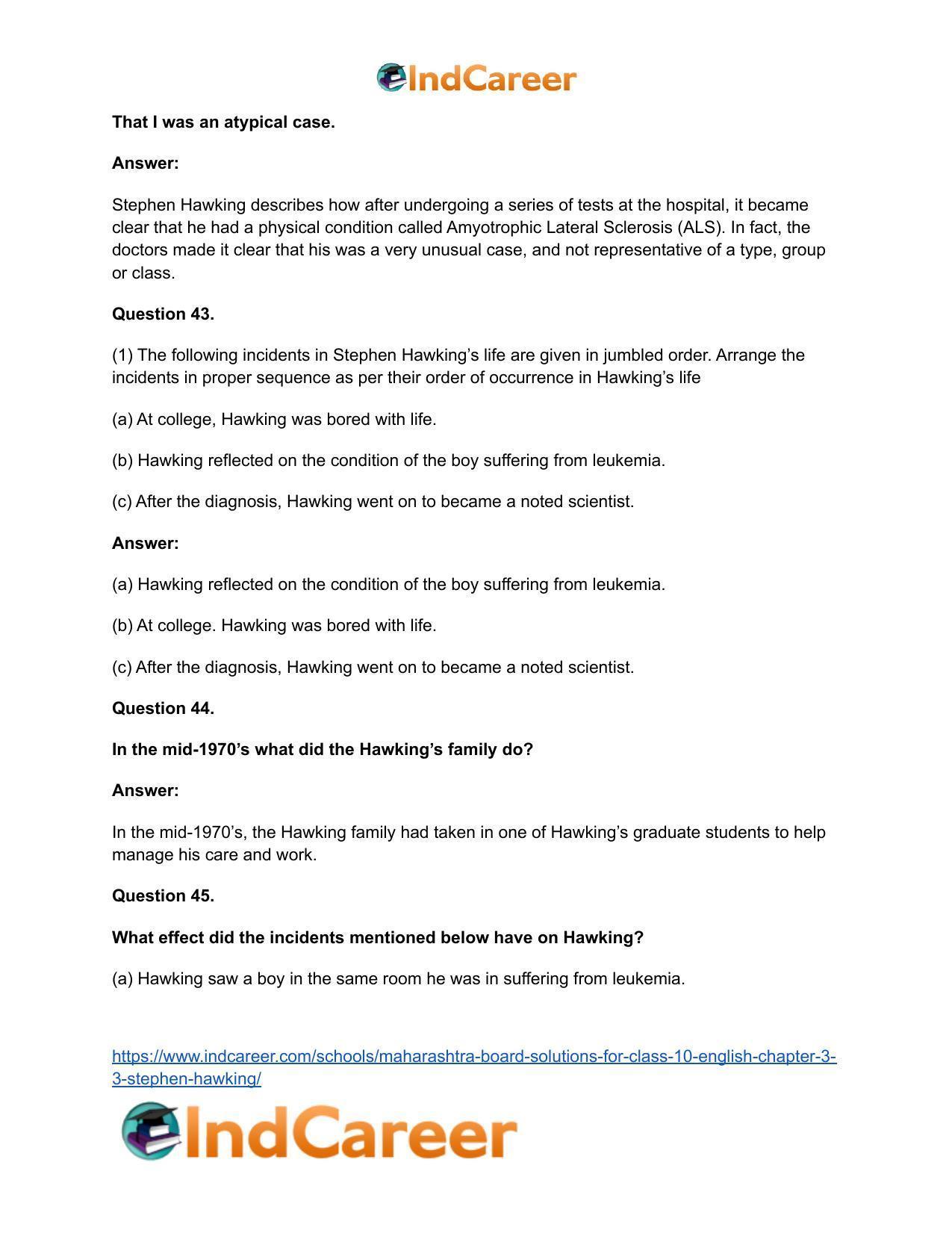 Maharashtra Board Solutions for Class 10- English: Chapter 3.3- Stephen Hawking - Page 30