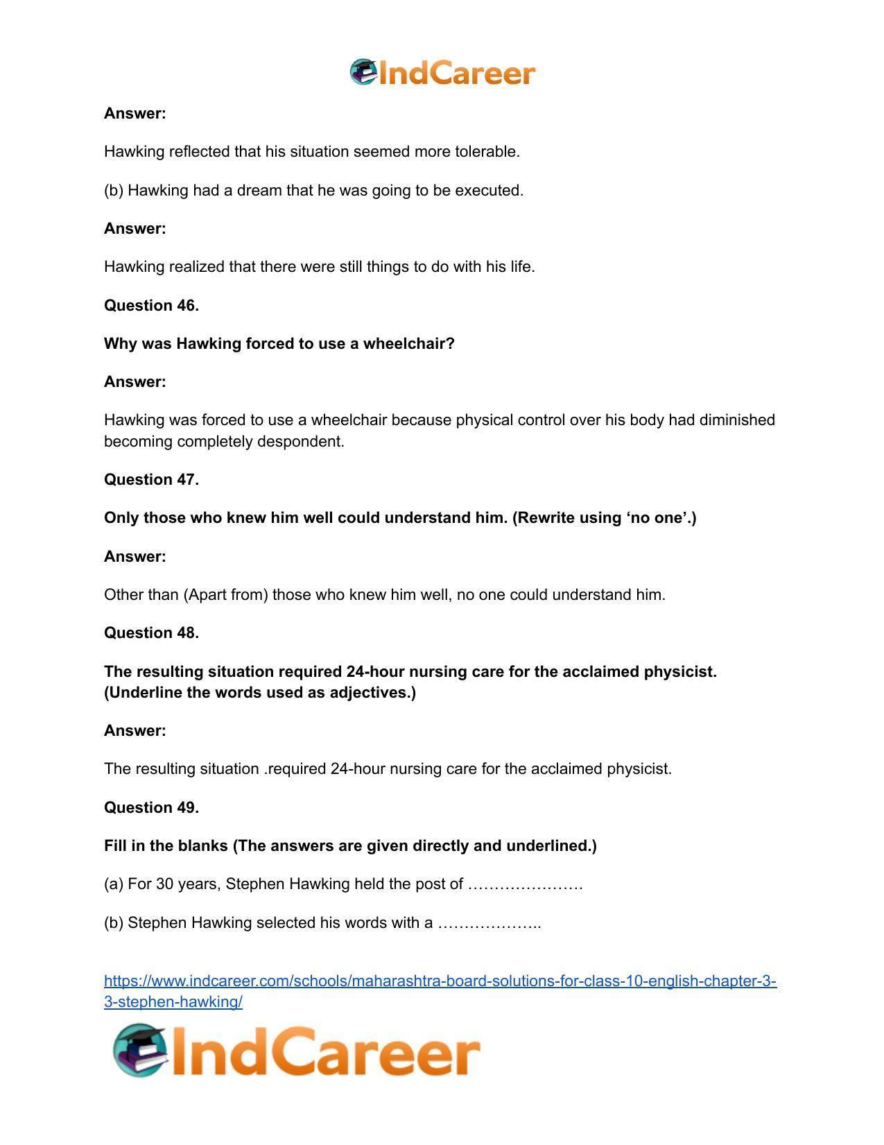 Maharashtra Board Solutions for Class 10- English: Chapter 3.3- Stephen Hawking - Page 31
