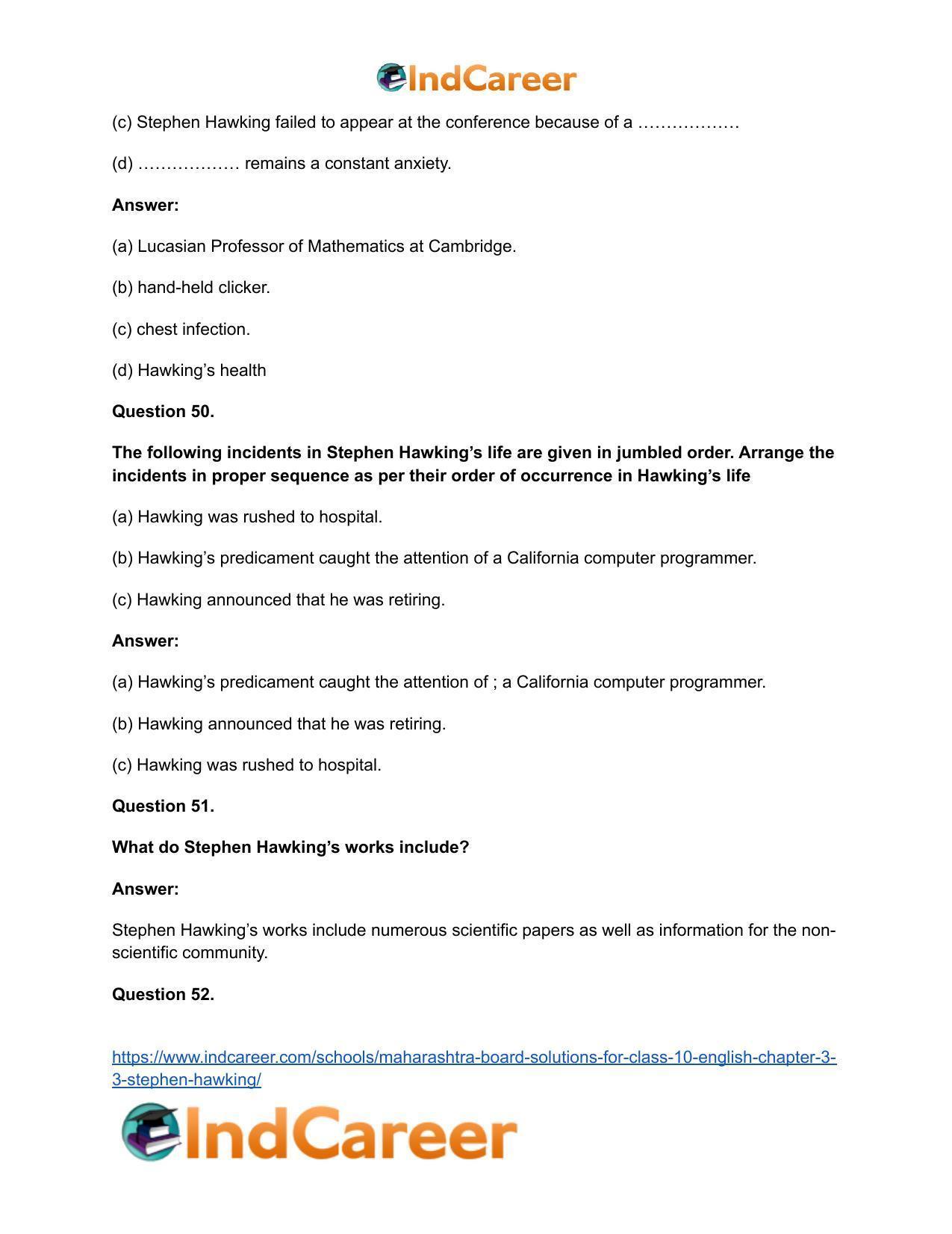 Maharashtra Board Solutions for Class 10- English: Chapter 3.3- Stephen Hawking - Page 32