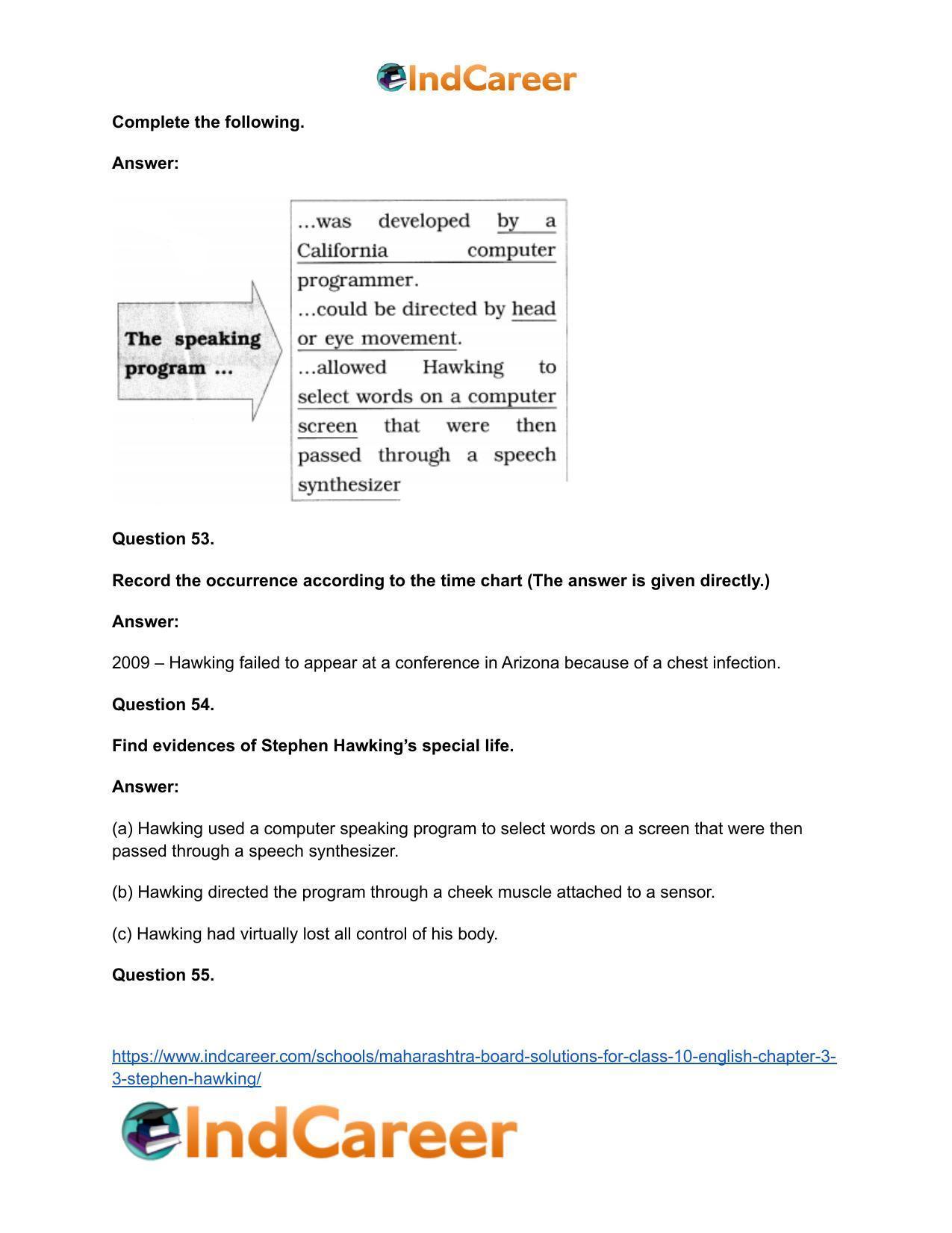 Maharashtra Board Solutions for Class 10- English: Chapter 3.3- Stephen Hawking - Page 33