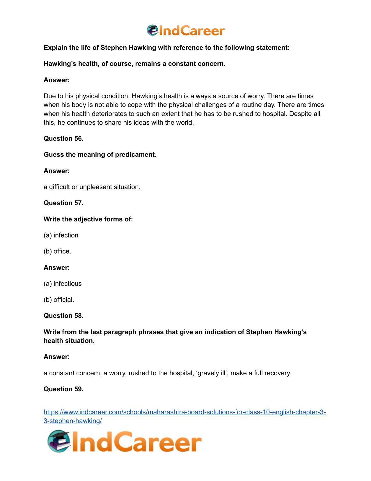 Maharashtra Board Solutions for Class 10- English: Chapter 3.3- Stephen Hawking - Page 34