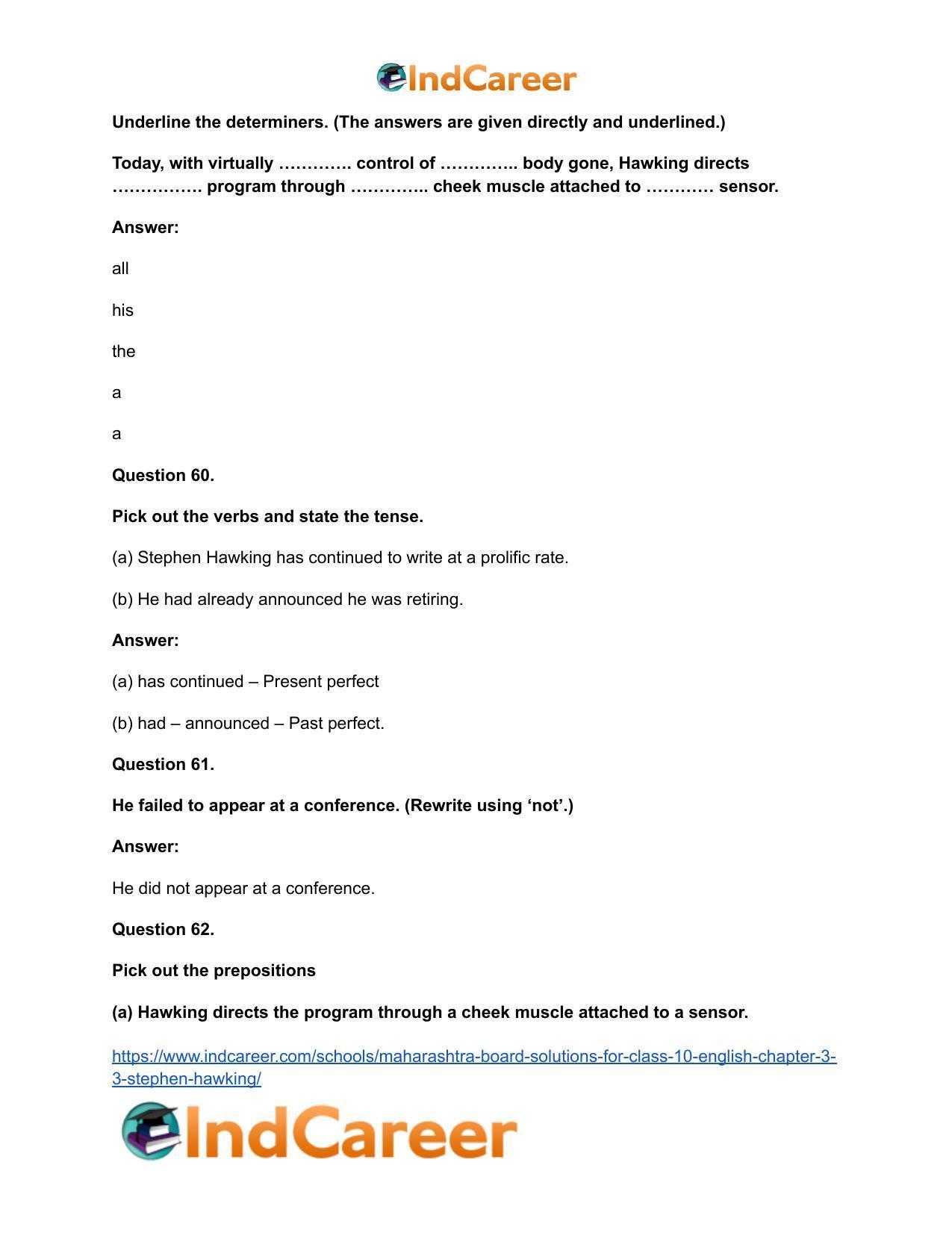 Maharashtra Board Solutions for Class 10- English: Chapter 3.3- Stephen Hawking - Page 35