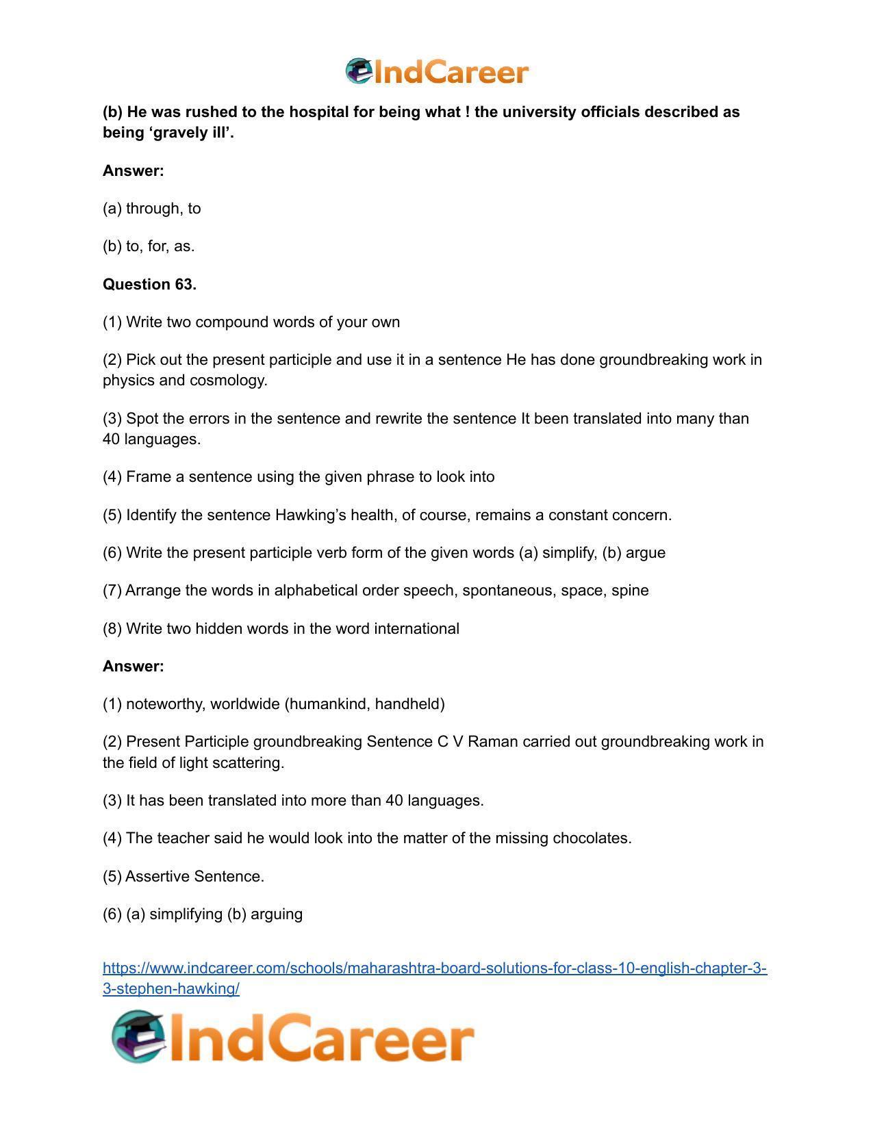 Maharashtra Board Solutions for Class 10- English: Chapter 3.3- Stephen Hawking - Page 36