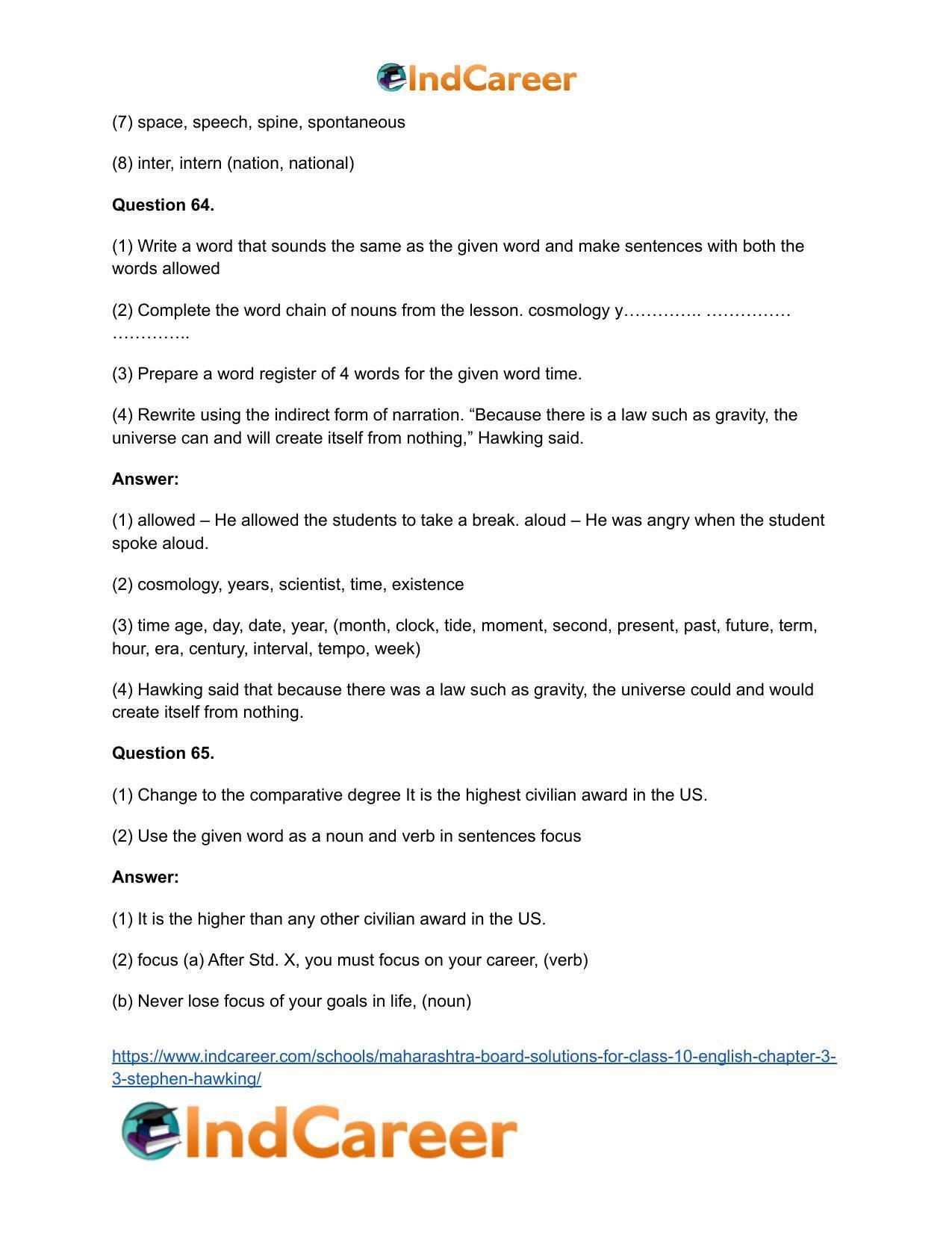 Maharashtra Board Solutions for Class 10- English: Chapter 3.3- Stephen Hawking - Page 37