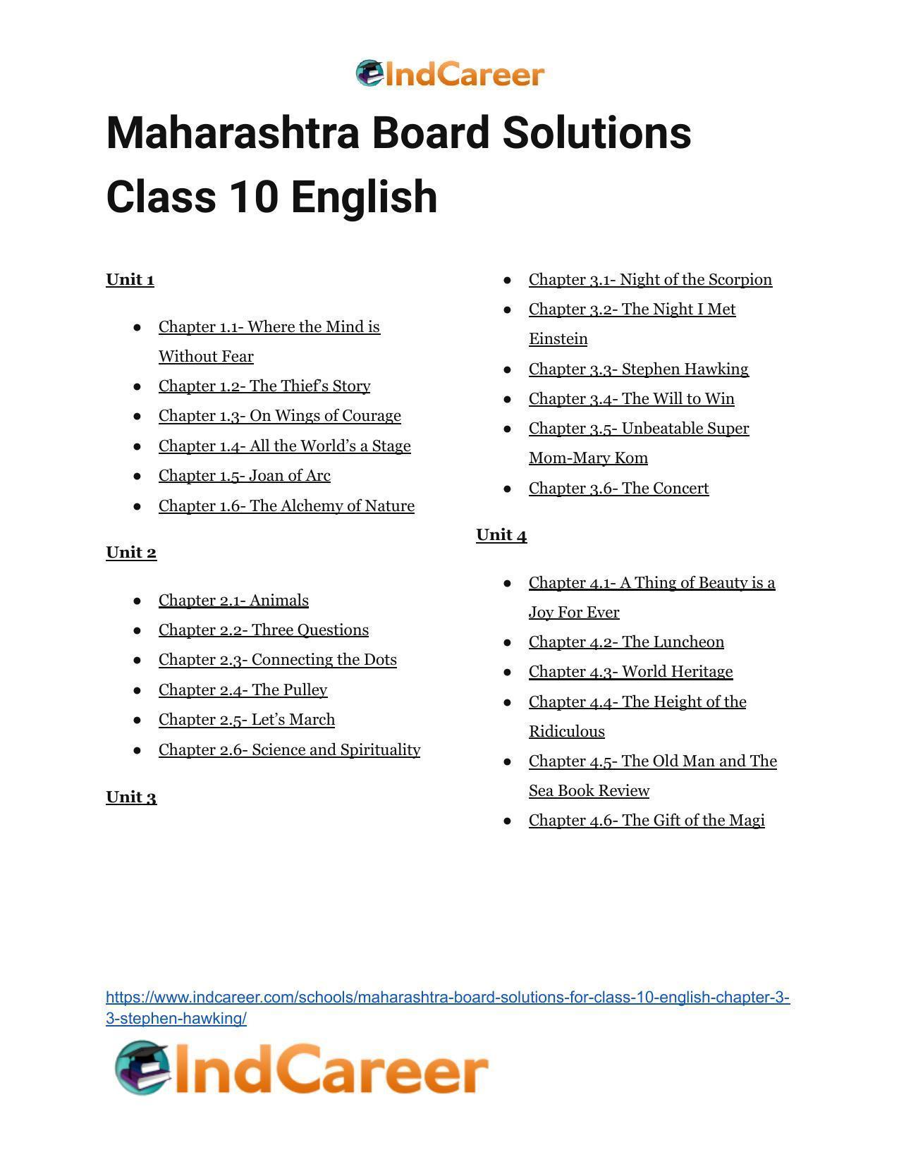 Maharashtra Board Solutions for Class 10- English: Chapter 3.3- Stephen Hawking - Page 39