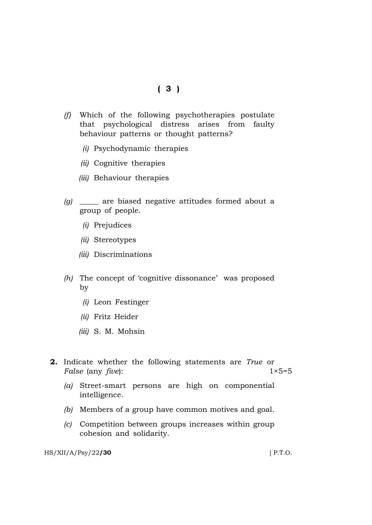 Meghalaya Board (MBOSE) Class 12 PSYCHOLOGY  (HS-XII-A-PSY-22) 2022 Question Paper - Page 3