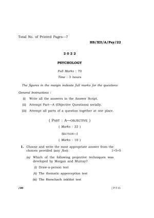 Meghalaya Board (MBOSE) Class 12 PSYCHOLOGY  (HS-XII-A-PSY-22) 2022 Question Paper