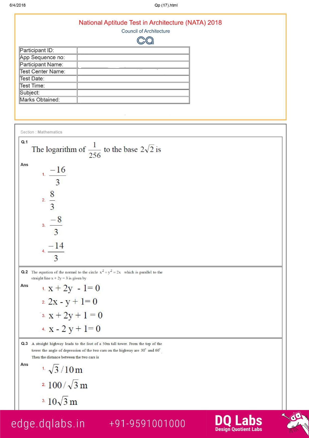 NATA 2018 Question Paper - Page 1