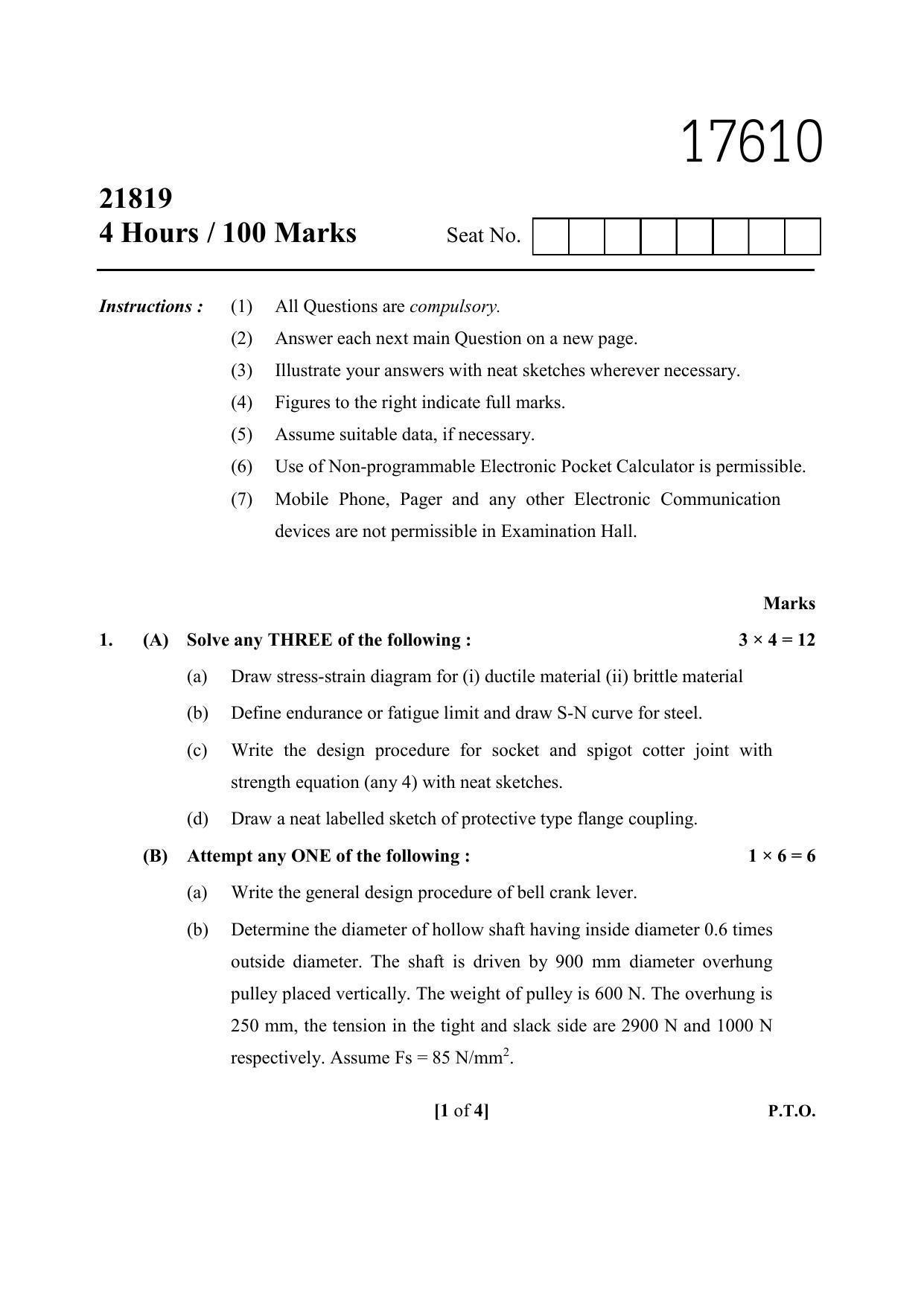 MSBTE Summer Question Paper 2019 - Design of Machine Elements - Page 1