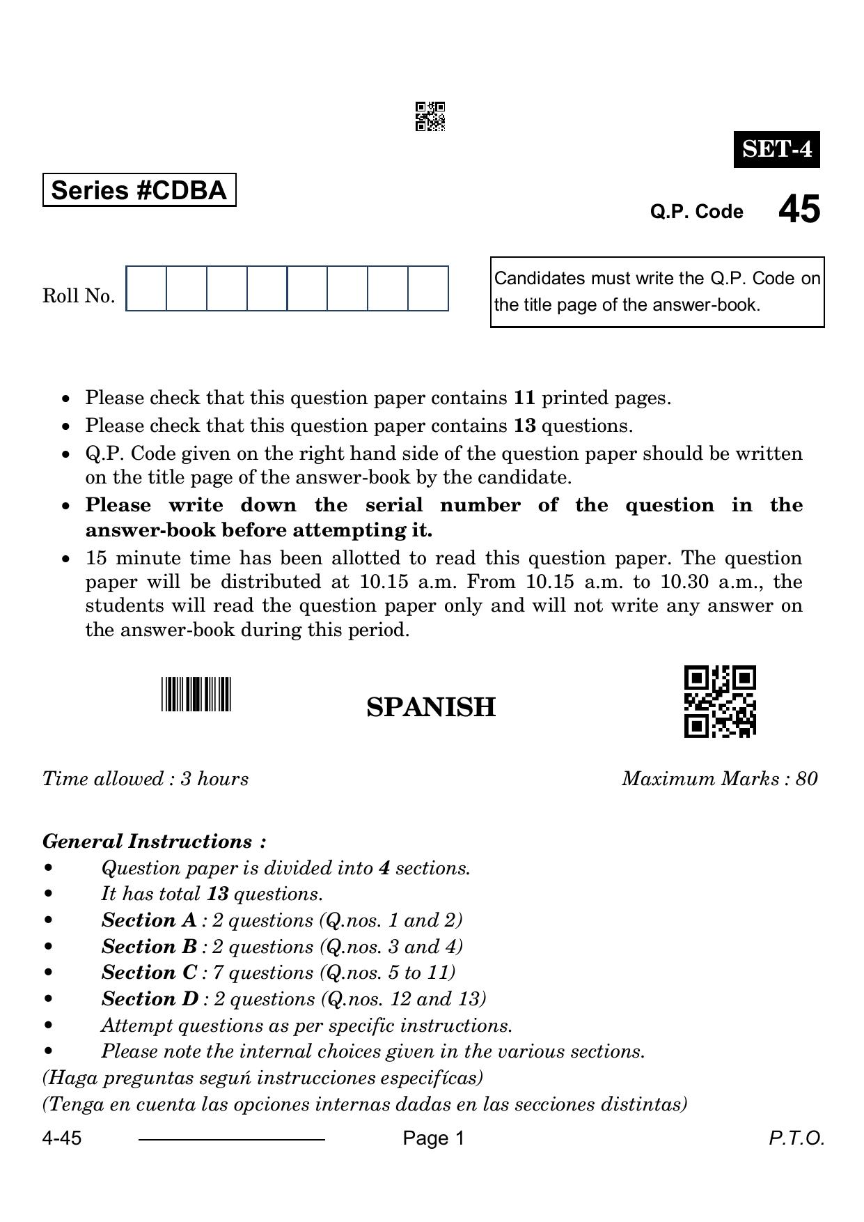 CBSE Class 10 Spanish 2024 Question Paper - Page 1