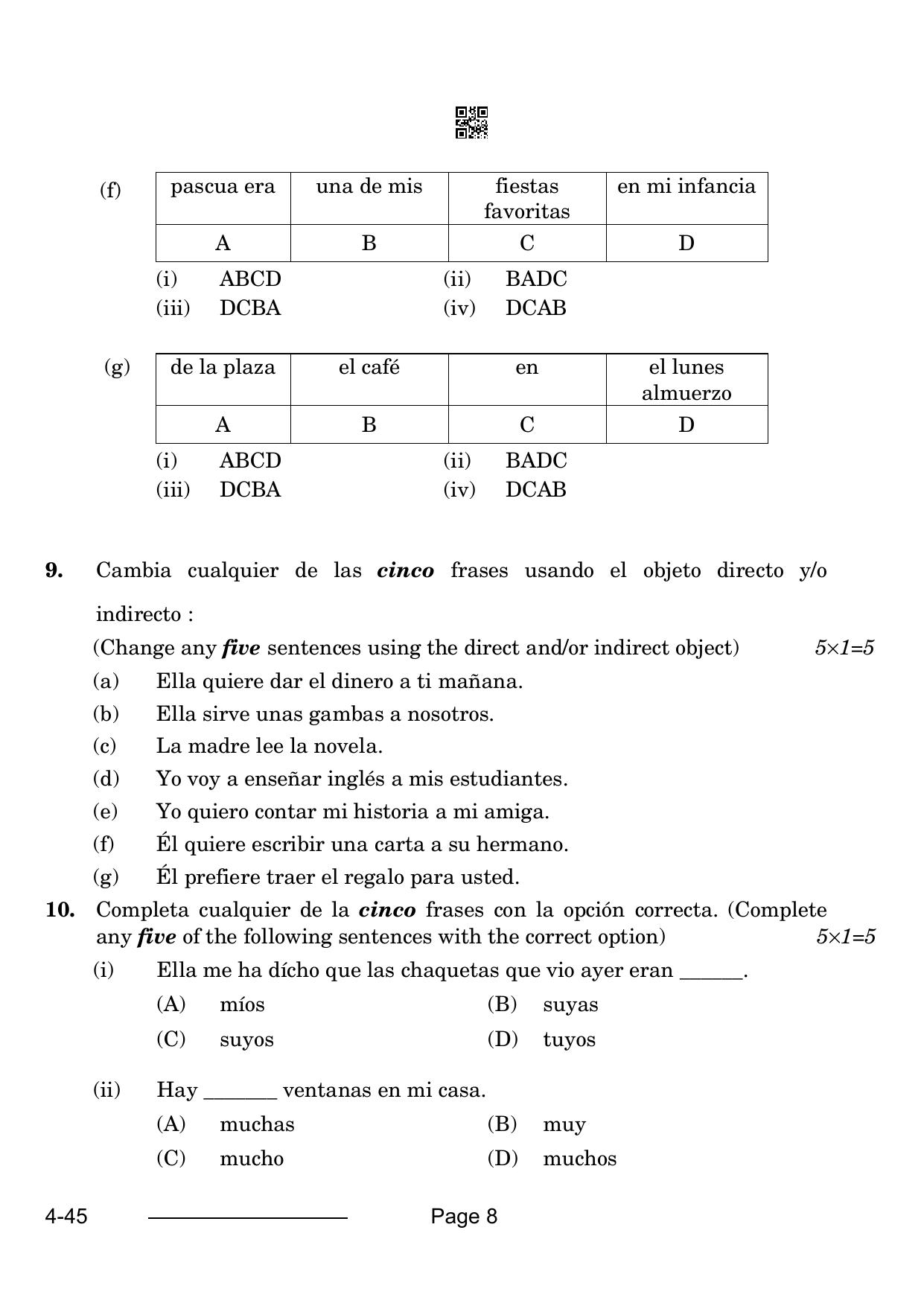 CBSE Class 10 Spanish 2024 Question Paper - Page 8