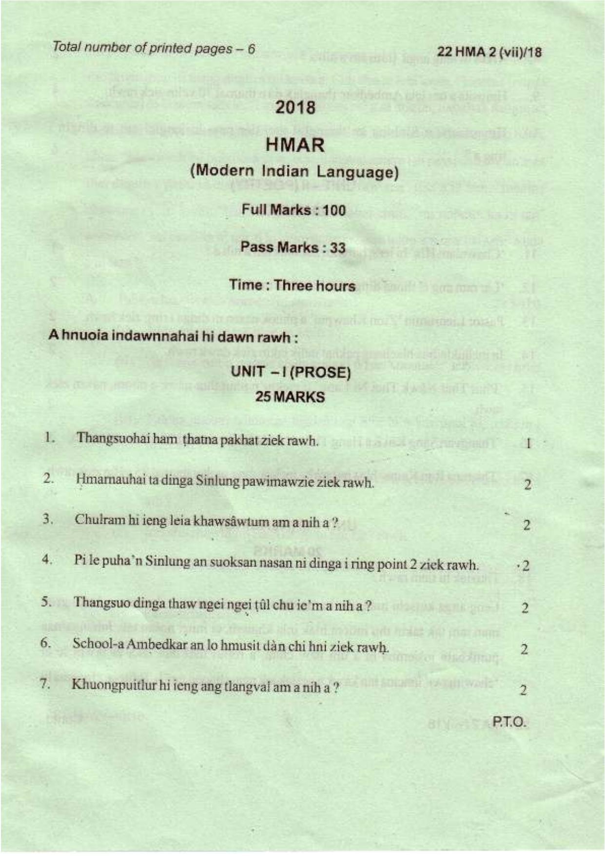 COHSEM Class 12 Hmar (M.I.L.) 2018 Question Papers - Page 1