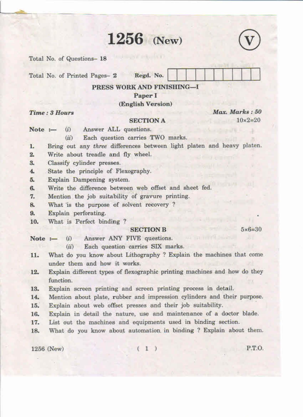 AP Inter 1st Year Press Work And Finishing-I (New) May-2019-Vocational Question Paper - Page 1