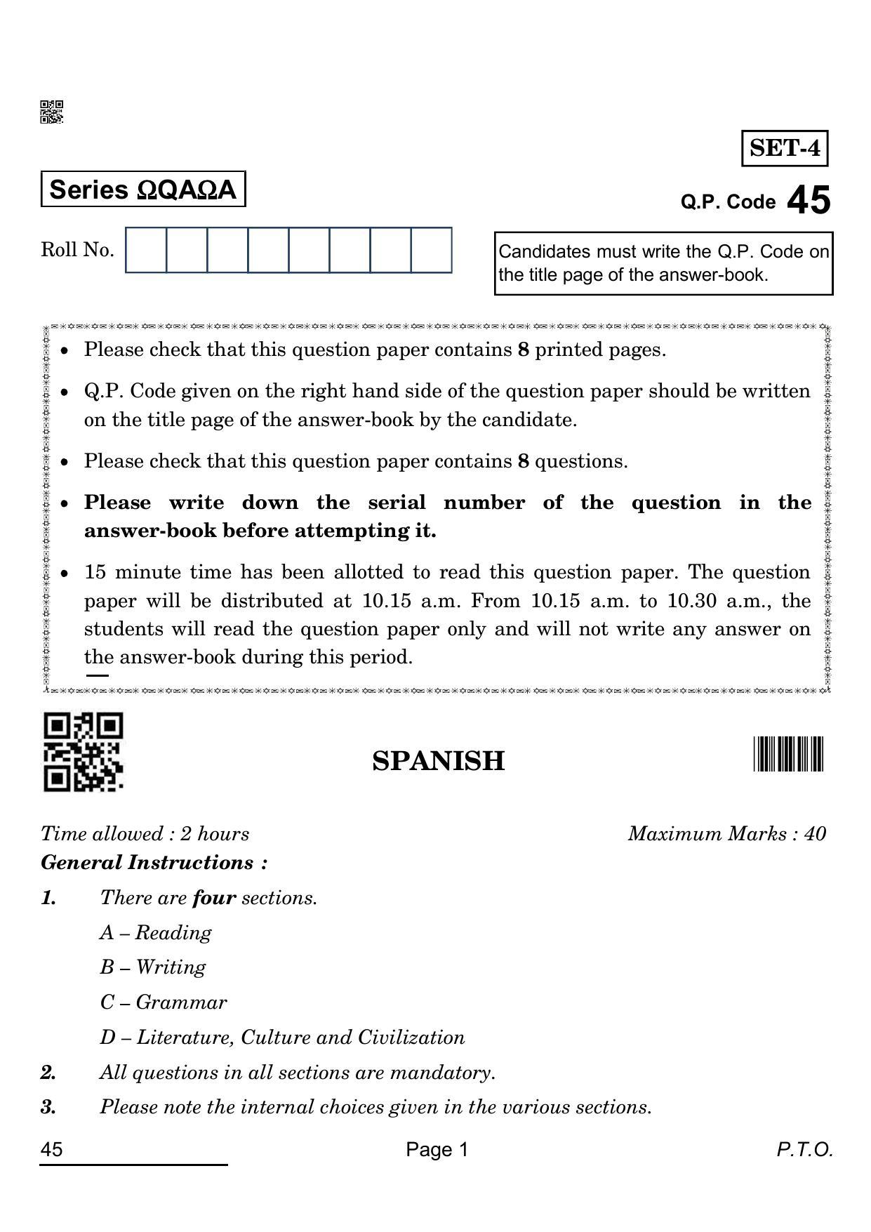 CBSE Class 10 45_Spanish 2022 Question Paper - Page 1