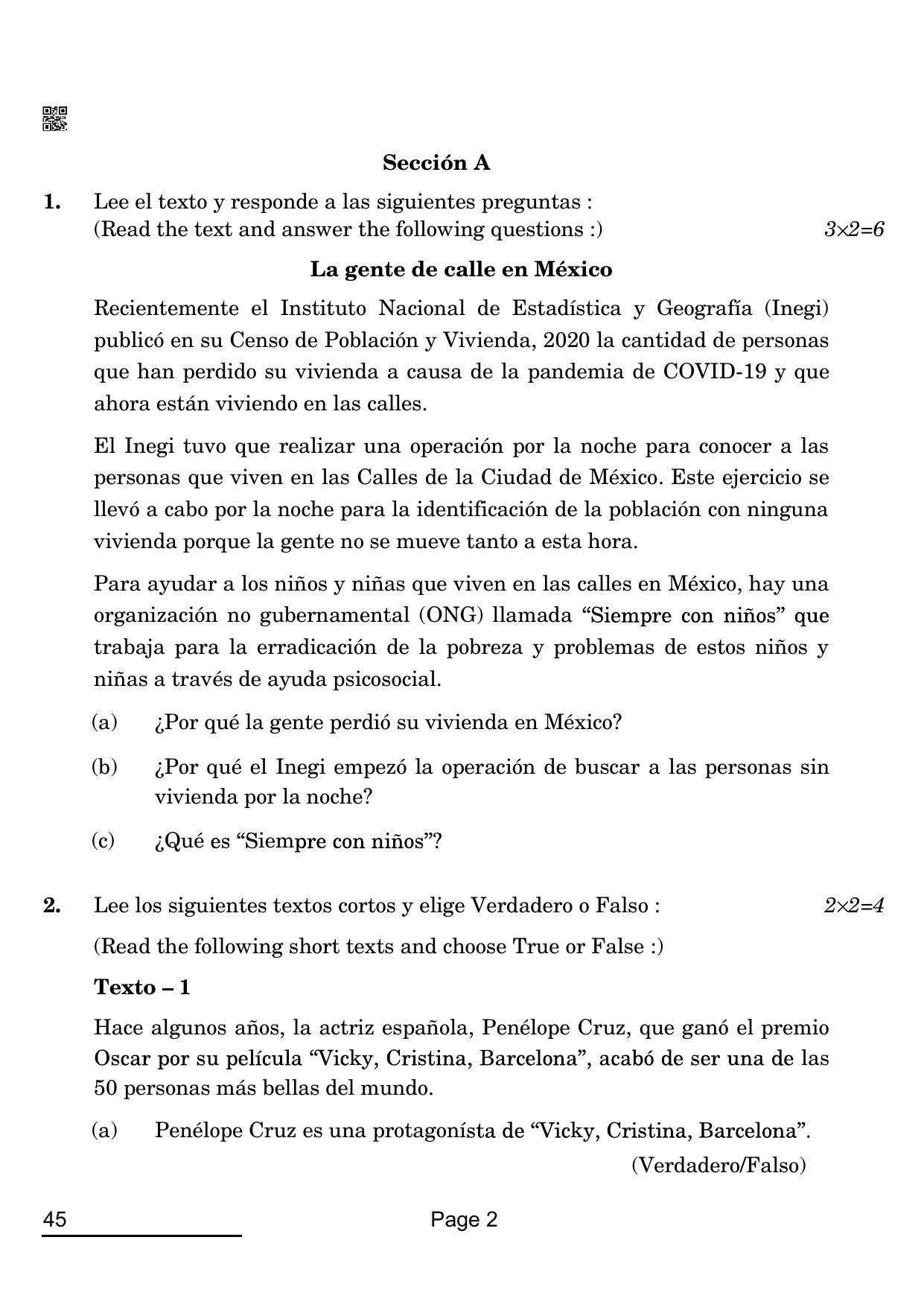 CBSE Class 10 45_Spanish 2022 Question Paper - Page 2