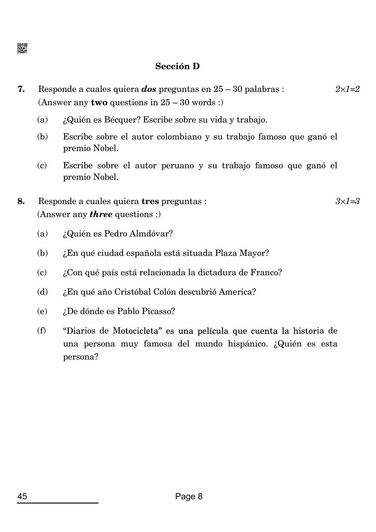CBSE Class 10 45_Spanish 2022 Question Paper - Page 8