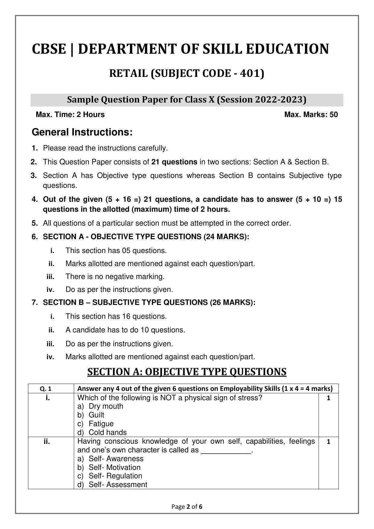 CBSE Class 10 Retail (Skill Education) Sample Papers 2023 - Page 2