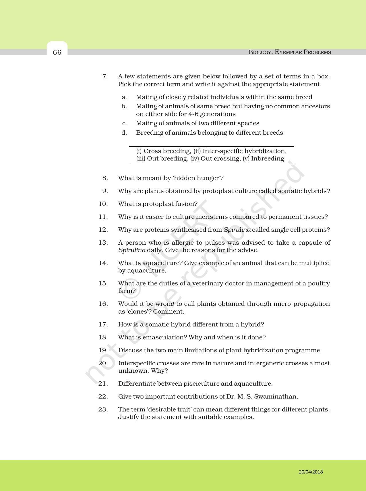 NCERT Exemplar Book for Class 12 Biology: Chapter 9 Strategies for Enhancement in Food Production - Page 6