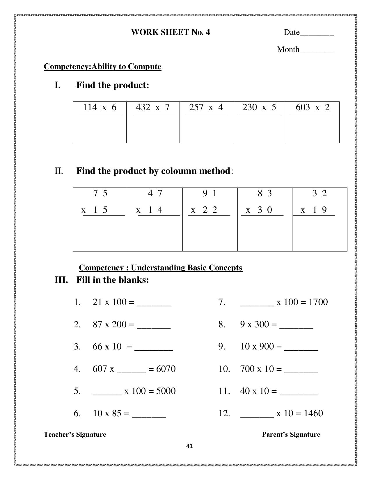 Worksheet for Class 3 Mathematics Assignment 61 - Page 1