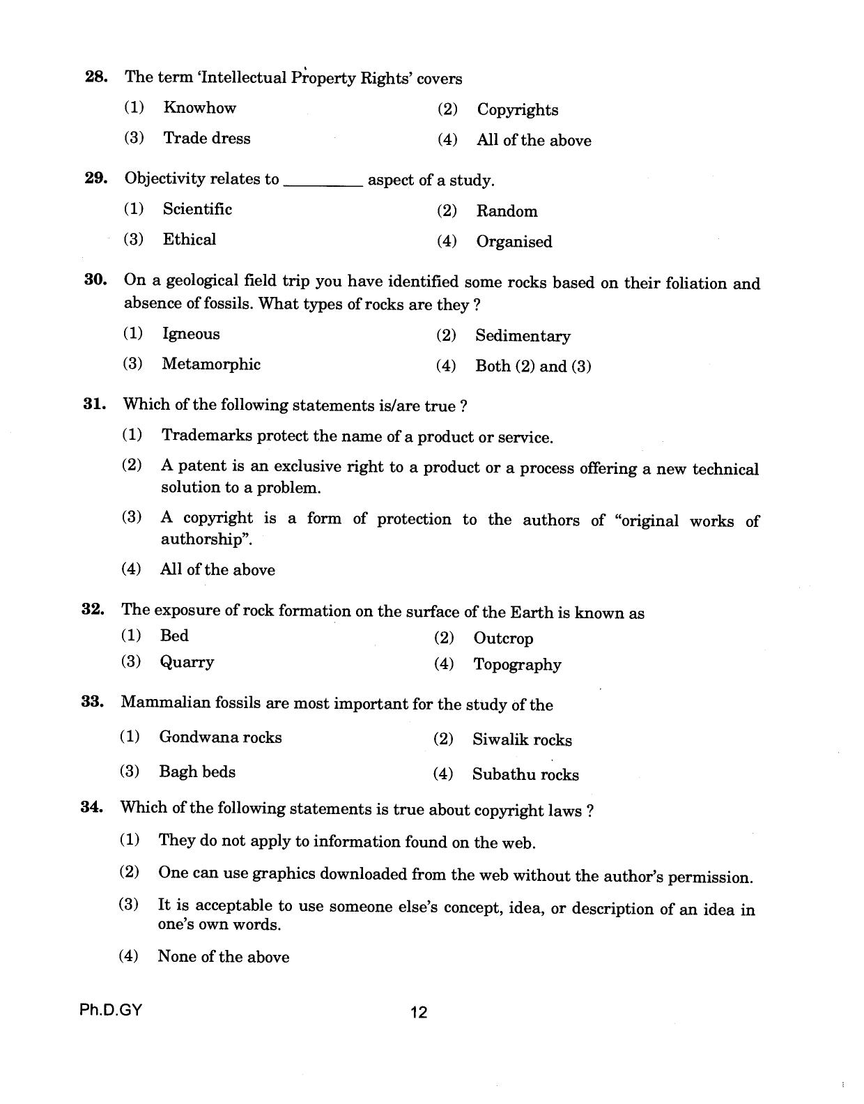 IGNOU PhD Entrance Test Ph.D (Geology) 2018 Question Paper - Page 12