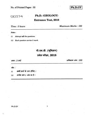 IGNOU PhD Entrance Test Ph.D (Geology) 2018 Question Paper