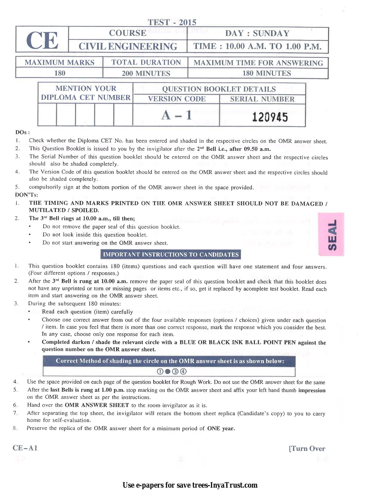 Karnataka Diploma CET- 2015 Civil Engineering Question Paper - Page 1