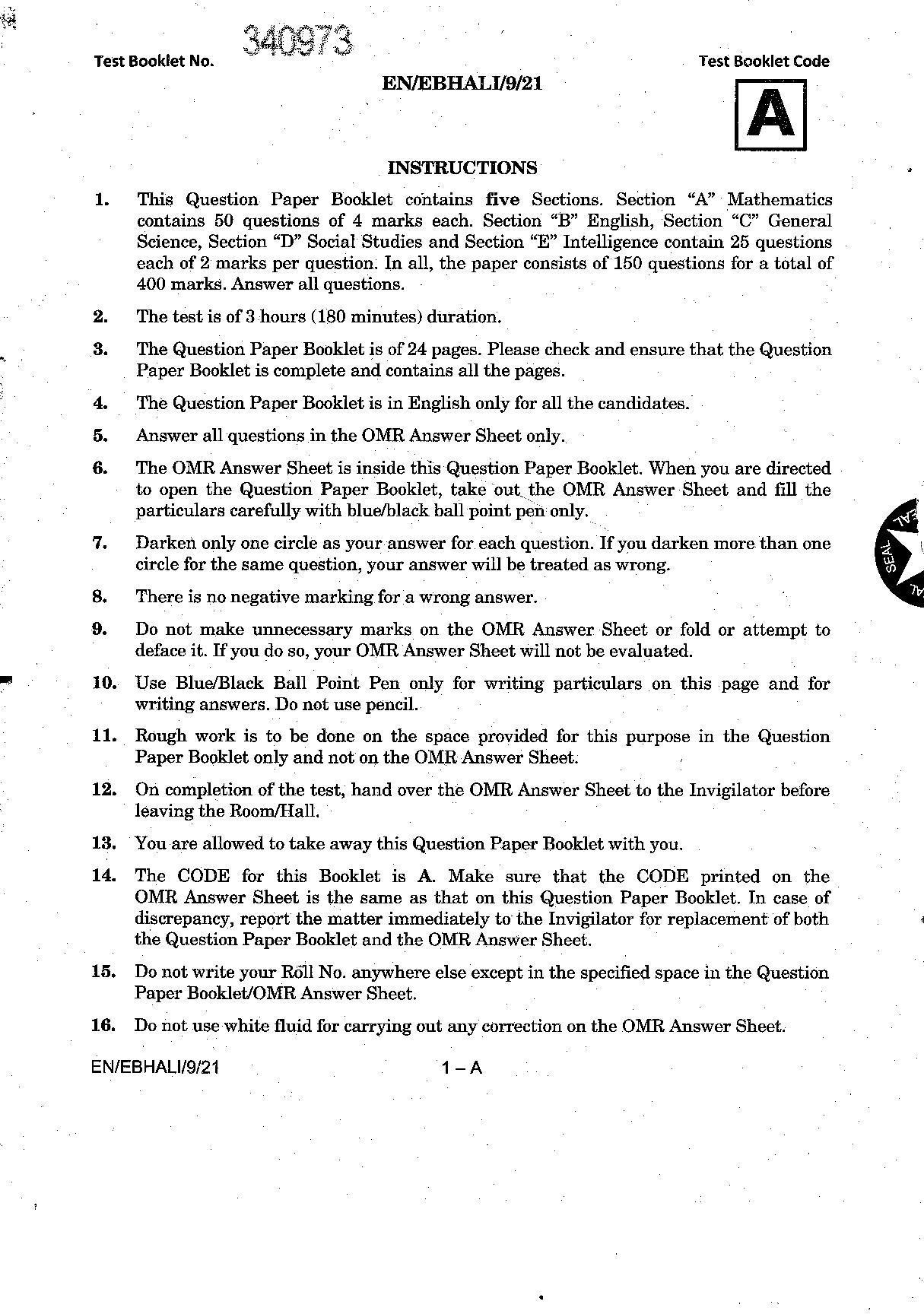 Sainik School Class 9 Question Paper 2021 in English - Page 1