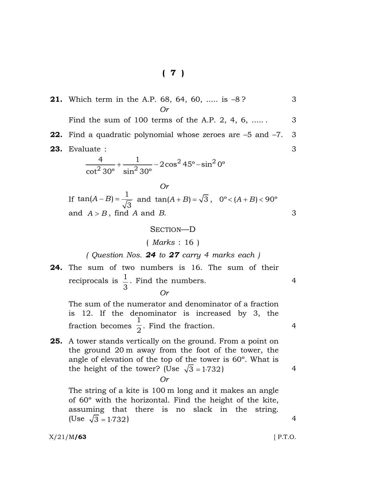 Meghalaya Board (MBOSE) Class 10 MATHEMATICS  (X-21-M) 2021 Question Paper - Page 7