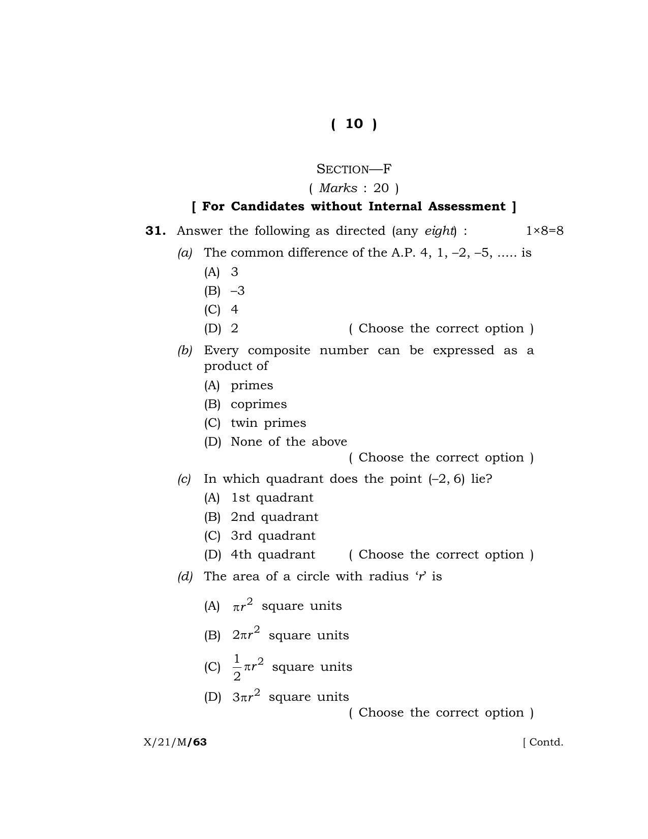 Meghalaya Board (MBOSE) Class 10 MATHEMATICS  (X-21-M) 2021 Question Paper - Page 10