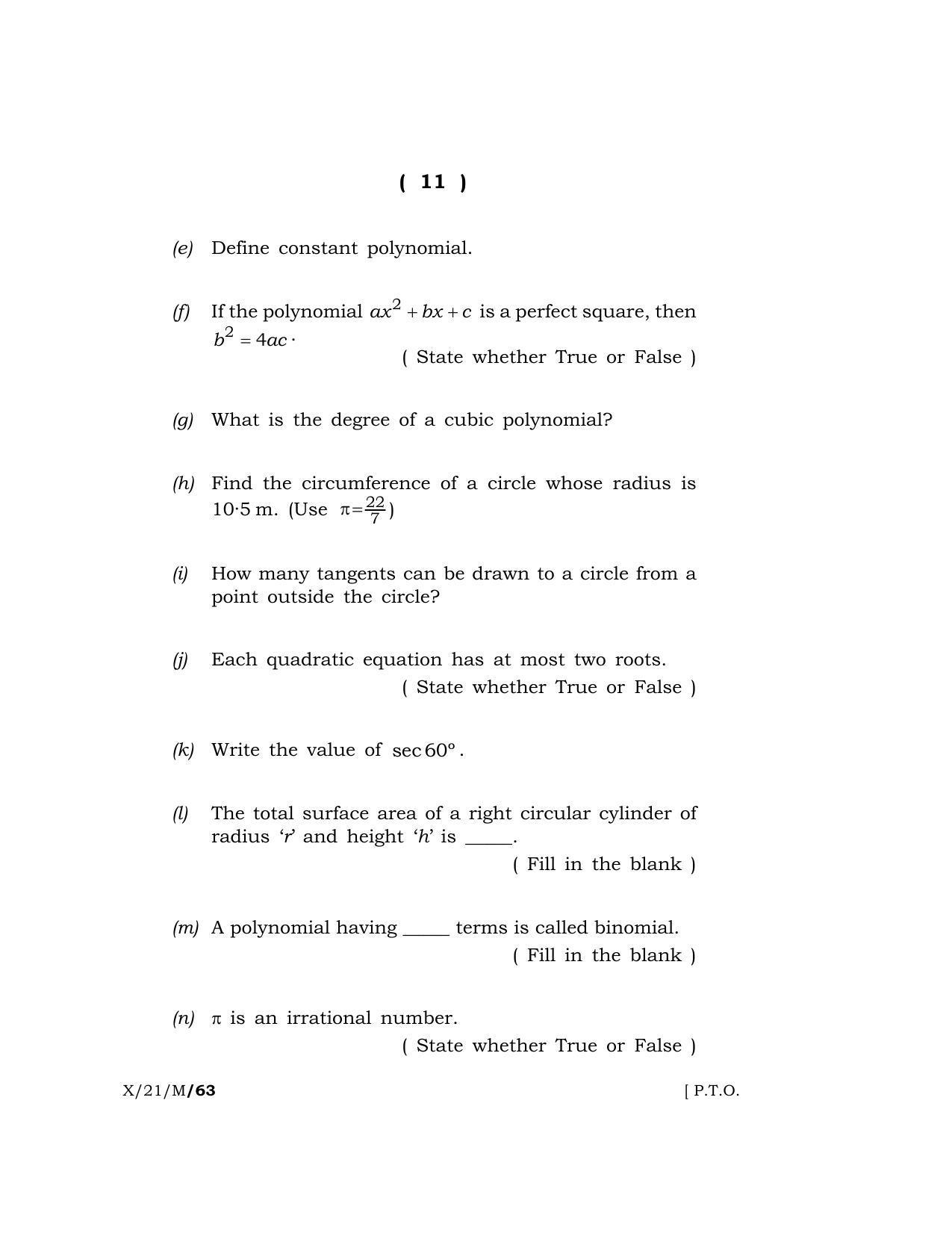 Meghalaya Board (MBOSE) Class 10 MATHEMATICS  (X-21-M) 2021 Question Paper - Page 11