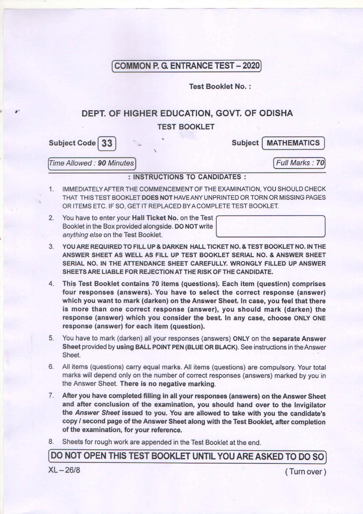 Odisha CPET MATHEMATICS 2020 Question Paper - Page 2