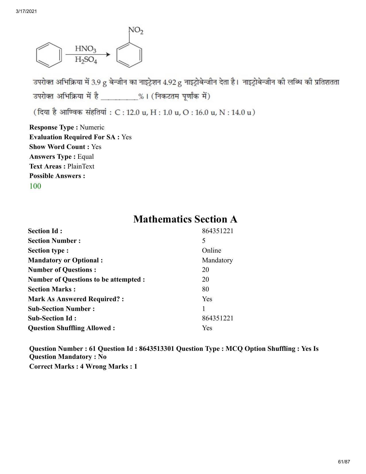 JEE Mains 2021: BTech H (Shift 1) 17-03-2021 Question Paper - Page 61