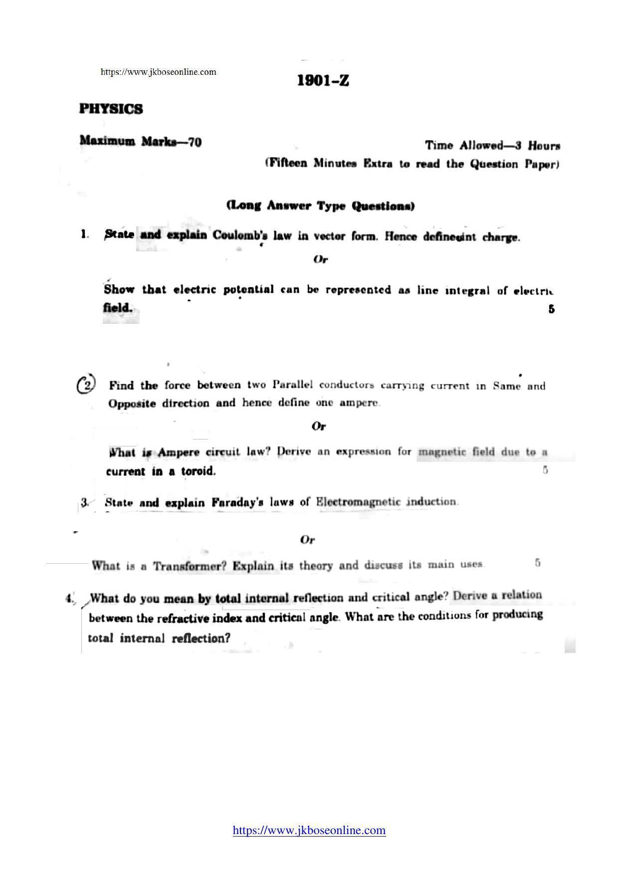 JKBOSE Class 12 Physics 1901-Z Question Papers 2021 - Page 1