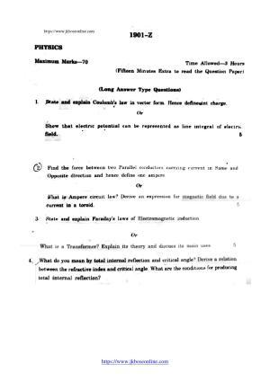 JKBOSE Class 12 Physics 1901-Z Question Papers 2021