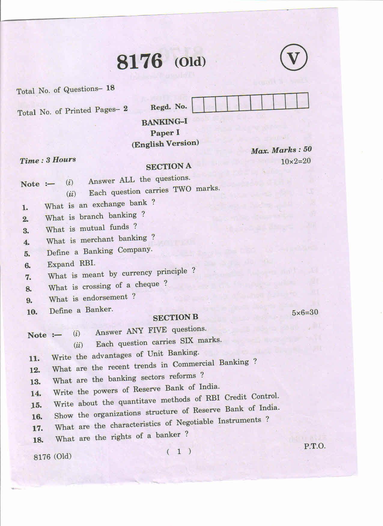 AP Inter 1st Year Banking-I (Old) March-2019-Vocational Question Paper - Page 1