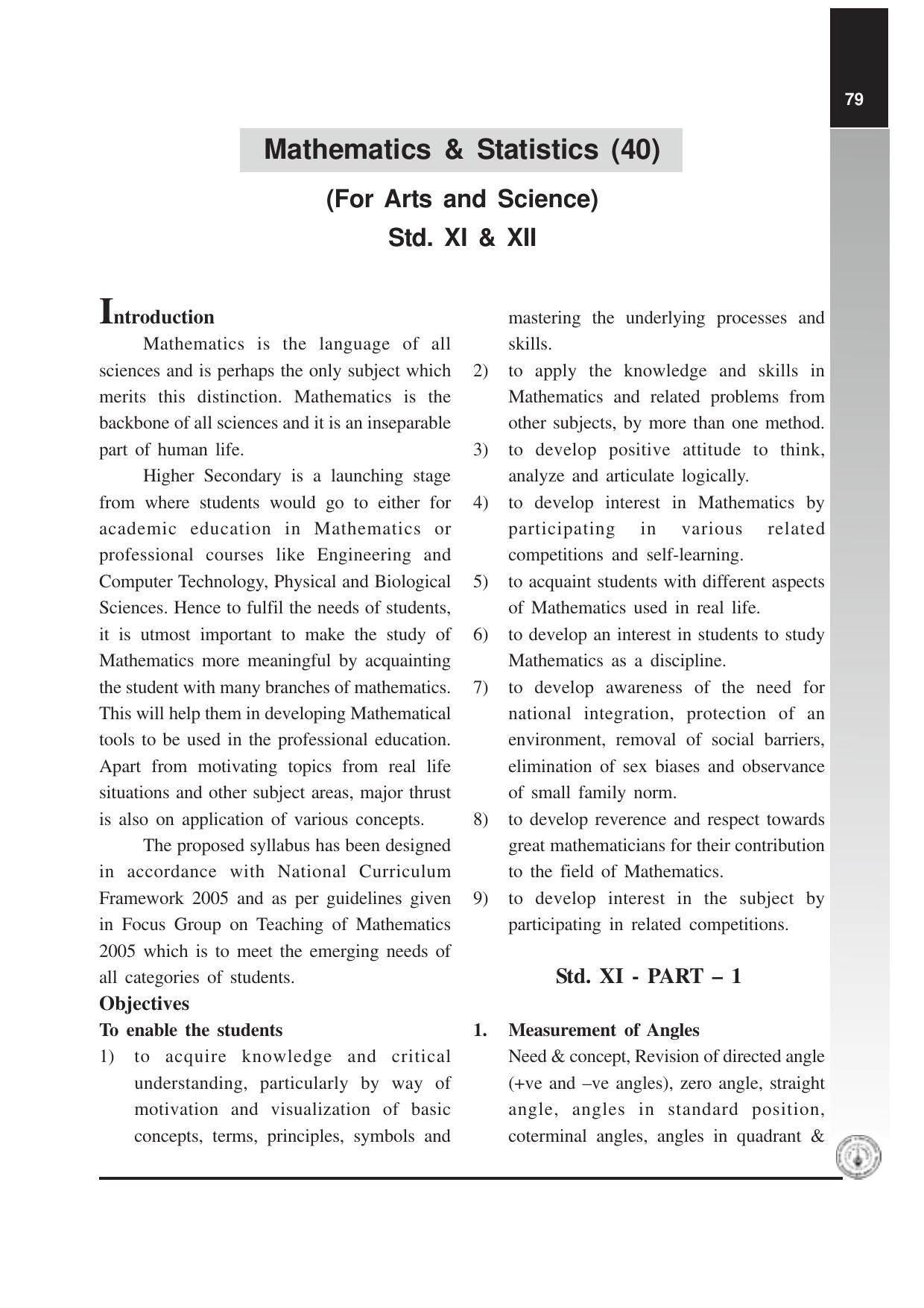 Maharashtra HSC Mathematics and Statistics Syllabus  - Page 1