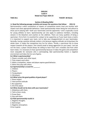 PSEB 10th English Model Paper 2025