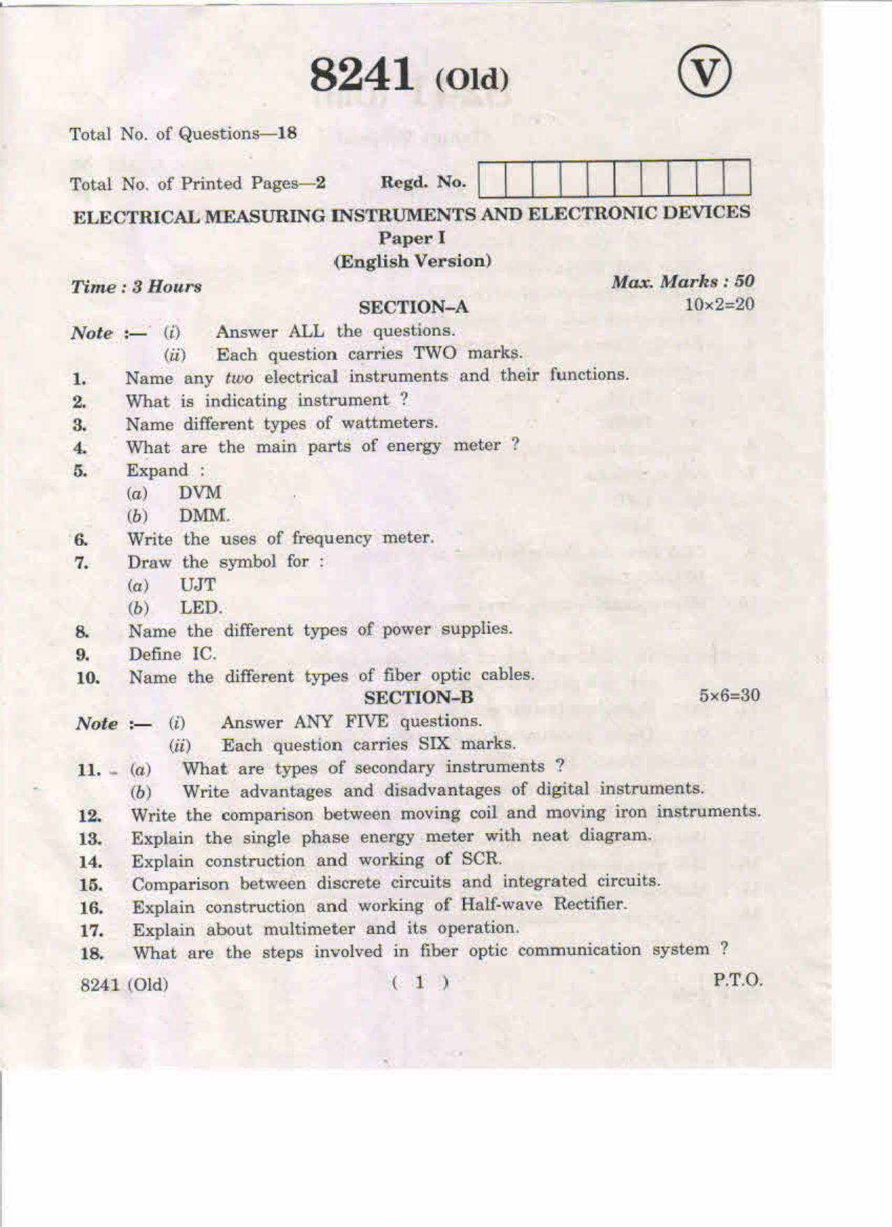 AP Inter 1st Year Electrical Measuring Instruments and Electronics Devices-I (Old) May-2019-Vocational Question Paper - Page 1