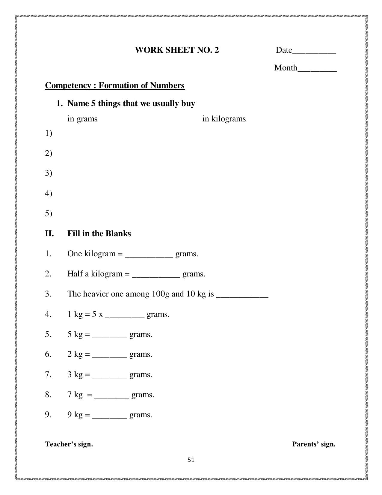 Worksheet for Class 4 Maths How Heavy How Light Assignment 1 - Page 1