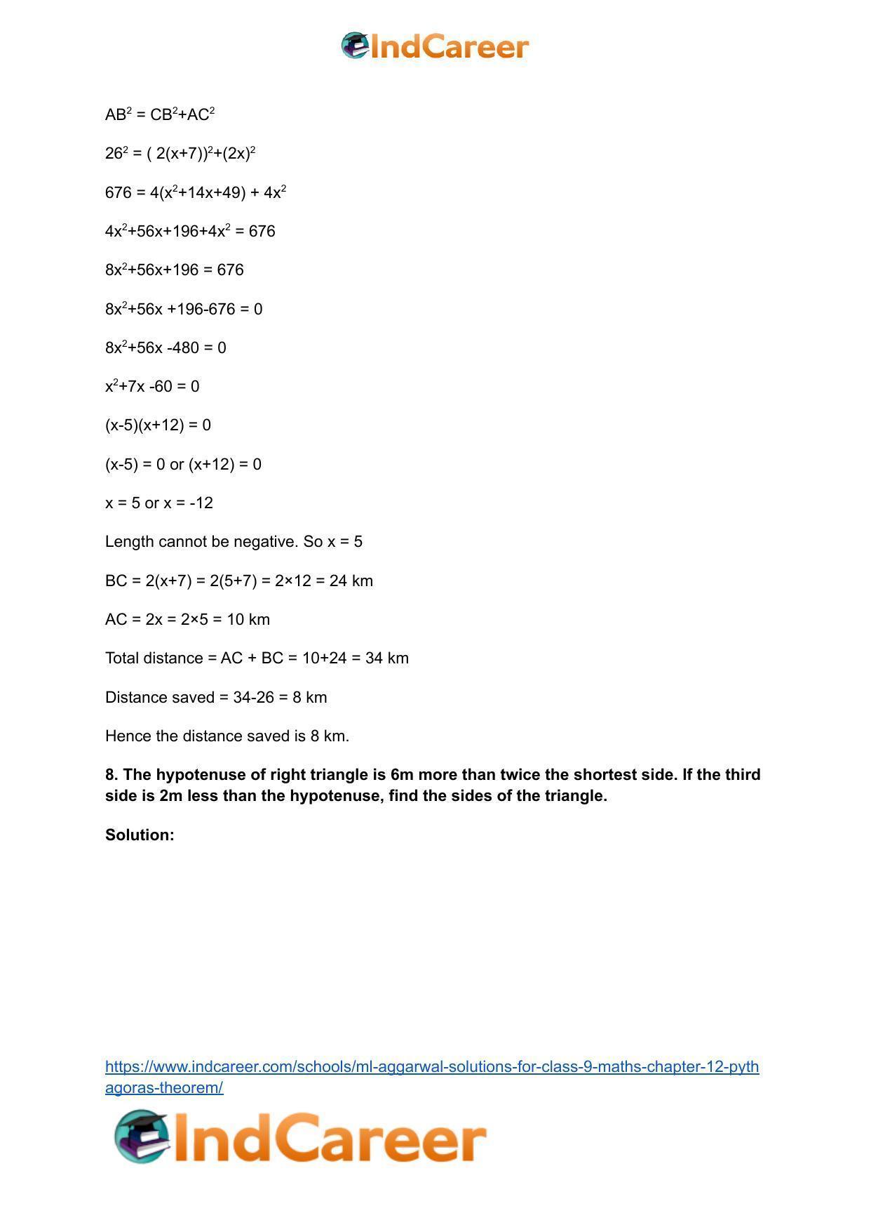 ML Aggarwal Solutions for Class 9 Maths Chapter 12- Pythagoras Theorem - Page 10
