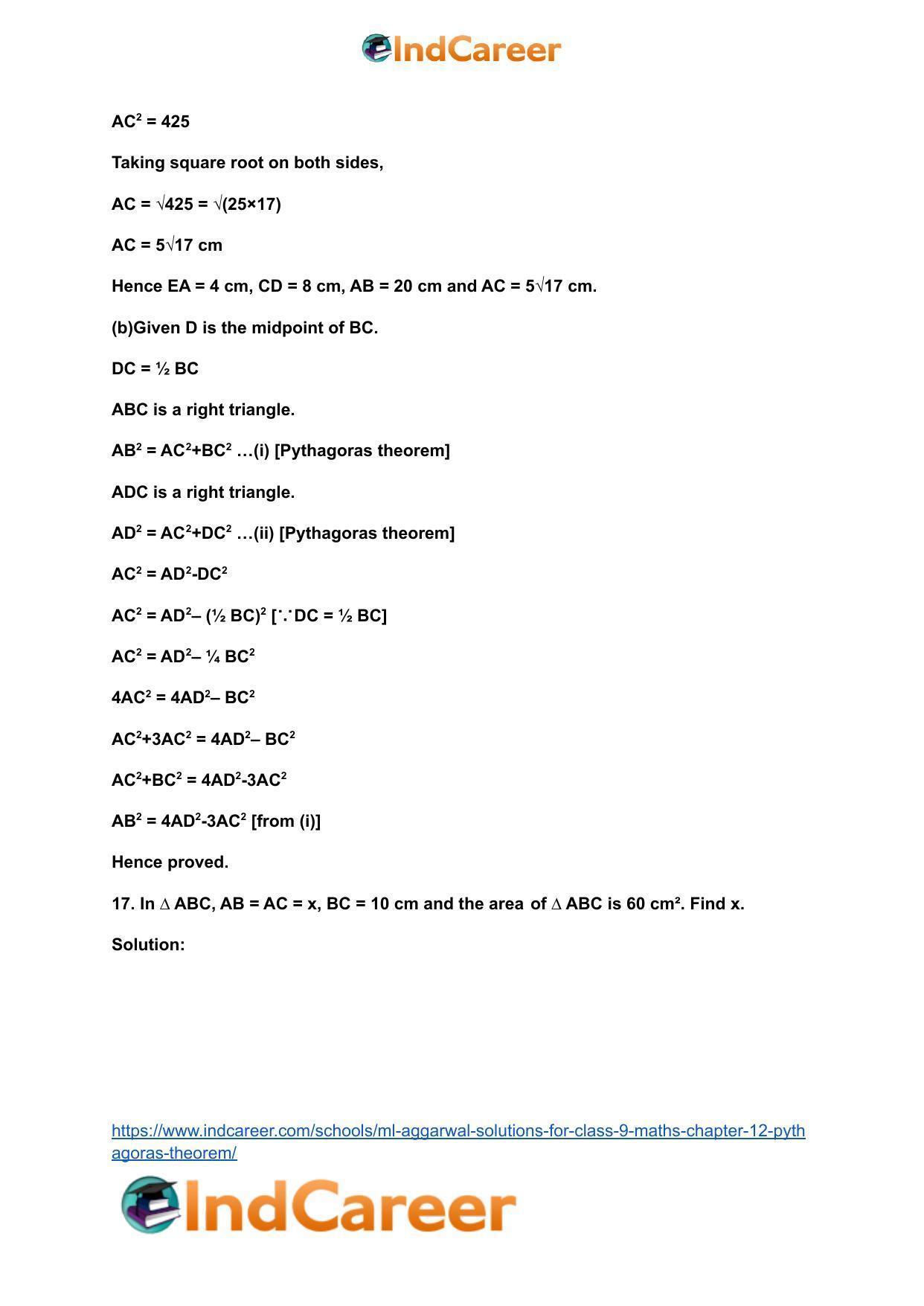ML Aggarwal Solutions for Class 9 Maths Chapter 12- Pythagoras Theorem - Page 26