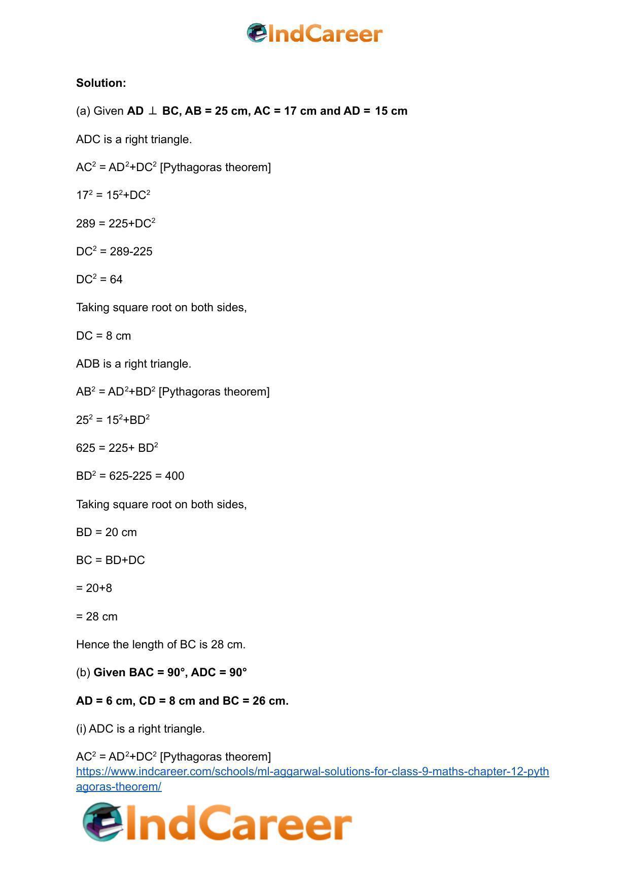ML Aggarwal Solutions for Class 9 Maths Chapter 12- Pythagoras Theorem - Page 46