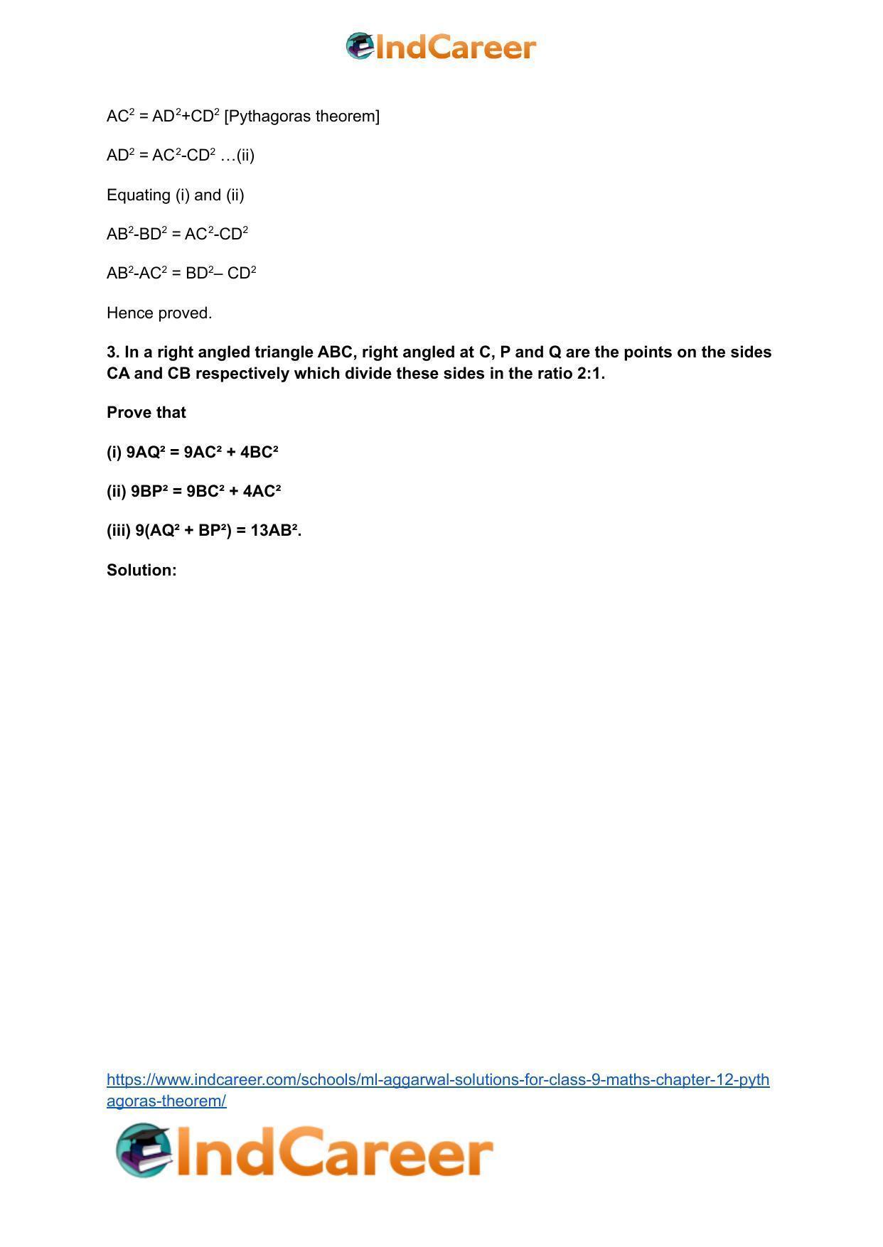 ML Aggarwal Solutions for Class 9 Maths Chapter 12- Pythagoras Theorem - Page 50